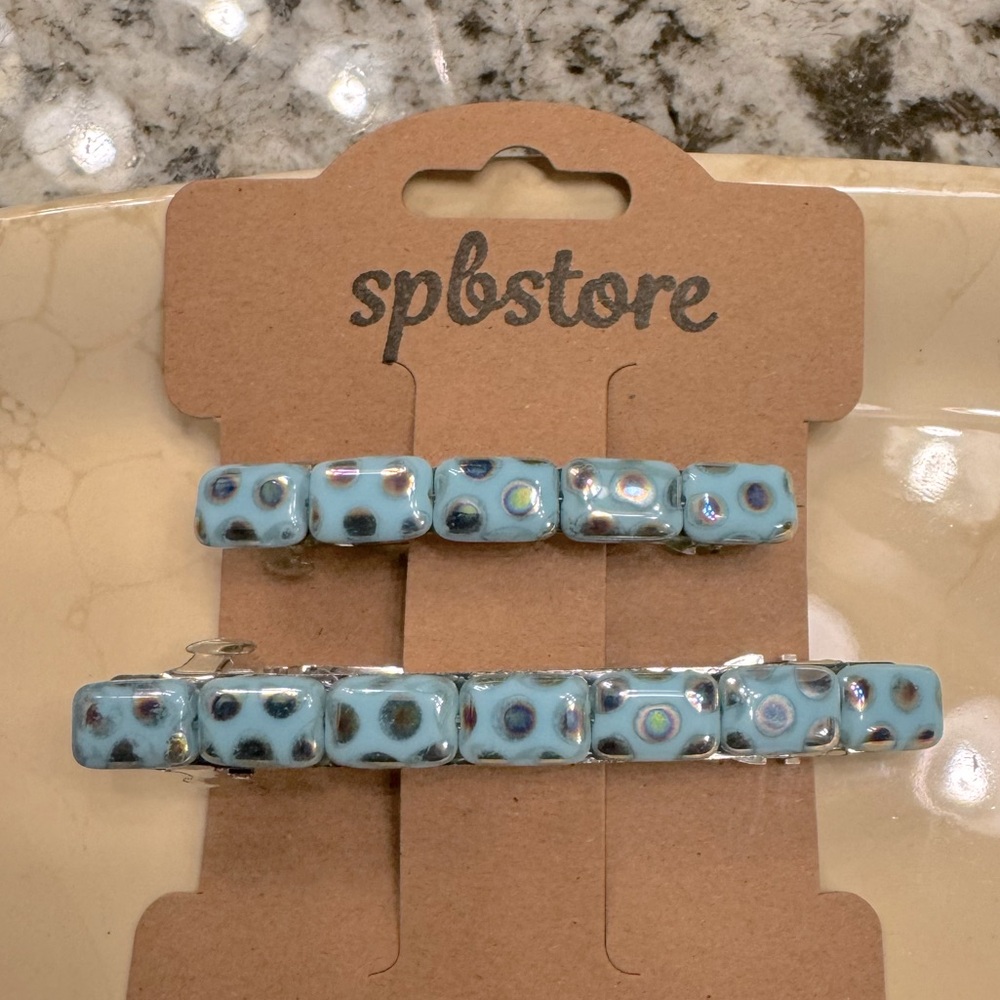 Pair of Ceramic Bead Hair Barrettes - Rectangular Beads
